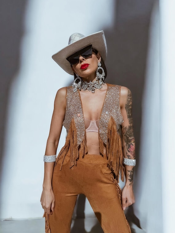 Rhinestone Fringe Suede Vest: Brown Western Cowgirl Jacket
