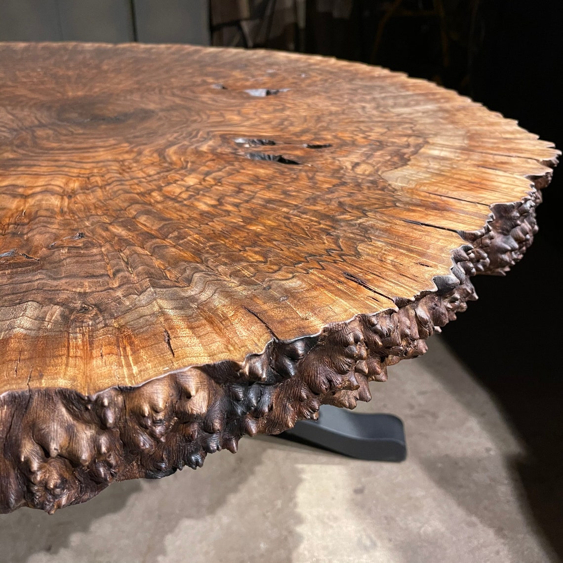 Claro Walnut Burl Round Table on Flowyline Design Custom Base Etsy