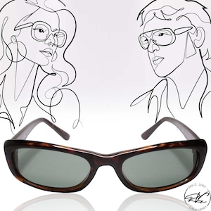 May include: Tortoise shell sunglasses with a dark green lens. The sunglasses are on a white background with a line drawing of a woman and a man in the background. The sunglasses have the text "Since 2005" and "RC California" on the side.