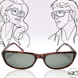 May include: Tortoiseshell sunglasses with brown lenses. The sunglasses are on a white background with a line drawing of two people in the background.