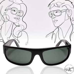 May include: Black sunglasses with a dark green lens and a black frame. The sunglasses are on a white background with a line drawing of a woman and a man in the background.