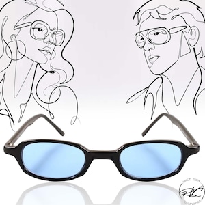 True Vintage 90&#39;s Mens Womens Thin Rectangle Frame Blue Lens Sunglasses