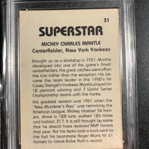 Op de afbeelding: Een vintage honkbalkaart met Mickey Charles Mantle, centerfielder voor de New York Yankees, in een beschermende plastic houder. De tekst op de kaart beschrijft Mantles carri&egrave;re, inclusief zijn seizoen van 1961.