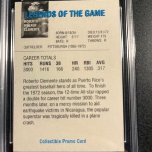 K&ouml;nnte beinhalten: Eine Sammler-Promo-Karte mit Roberto Clemente, einer Baseball-Legende. Die Karte enth&auml;lt biografische Details, Karrierestatistiken und den Text "LEGENDS OF THE GAME". Die Karte ist in einer Schutzh&uuml;lle eingeschlossen.