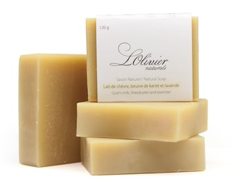 Lot de 4 savons au lait de chèvre - Avec beurre de karité et lavande - Pain de savon entièrement naturel - Savon fait main - Pain de savon