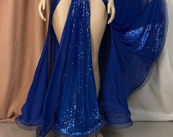 Handmade Belly Dance Skirt with Sequin Gold outfit bellydance slit skirt Samba Dress Dancing Costume