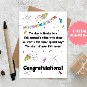 Primera tarjeta de trabajo de RN, tarjeta de felicitación imprimible, nuevo graduado RN, futura enfermera registrada, enfermera bebé, regalo de graduación, felicitaciones, descarga instantánea pdf