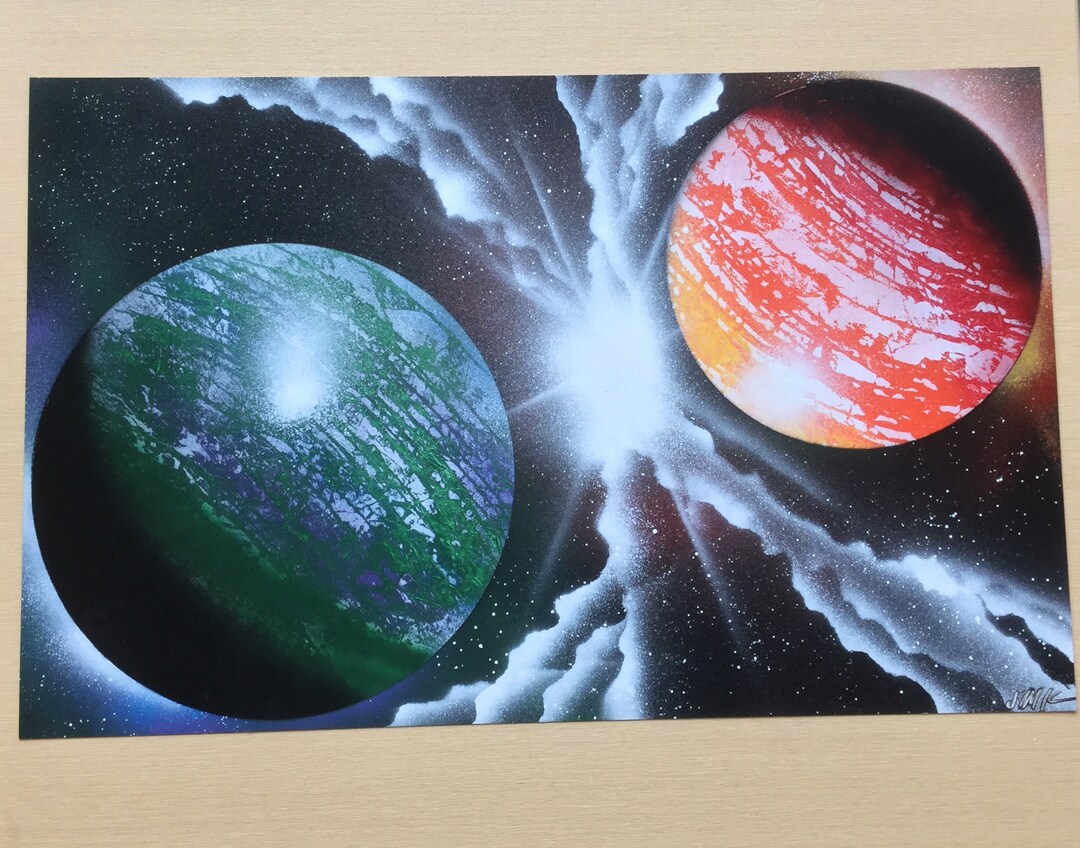 Interplanetary Collision | Spray Paint Art | Green and Red Planets