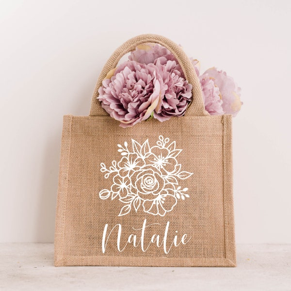 Customized Flower Girl Burlap Jute Tote Bag - Beach Custom Gift Bag Flower Girl Gift - Personalized Flowergirl Proposal Reusable - Wedding