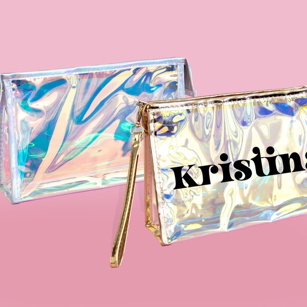 Personalized Makeup Bag Custom Holographic Cosmetic Bags Silver and Rose Gold Holographic Waterproof Toiletry Bag Iridescent Clutch Purse