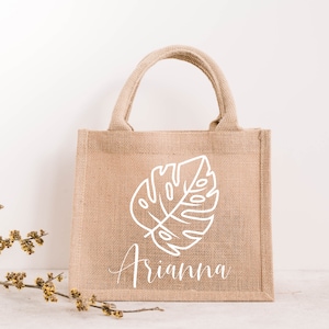 Monstera leaf Bag - Personalized Tropical Themed Bachelorette - Customized Jute Gift Bags - Wedding Welcome Burlap Bags - Custom Proposal