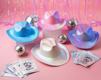 Personalized Holographic Cowgirl Hat – Last rodeo, Denim & Diamonds, Disco Cowgirl Bachelorette Party Accessory