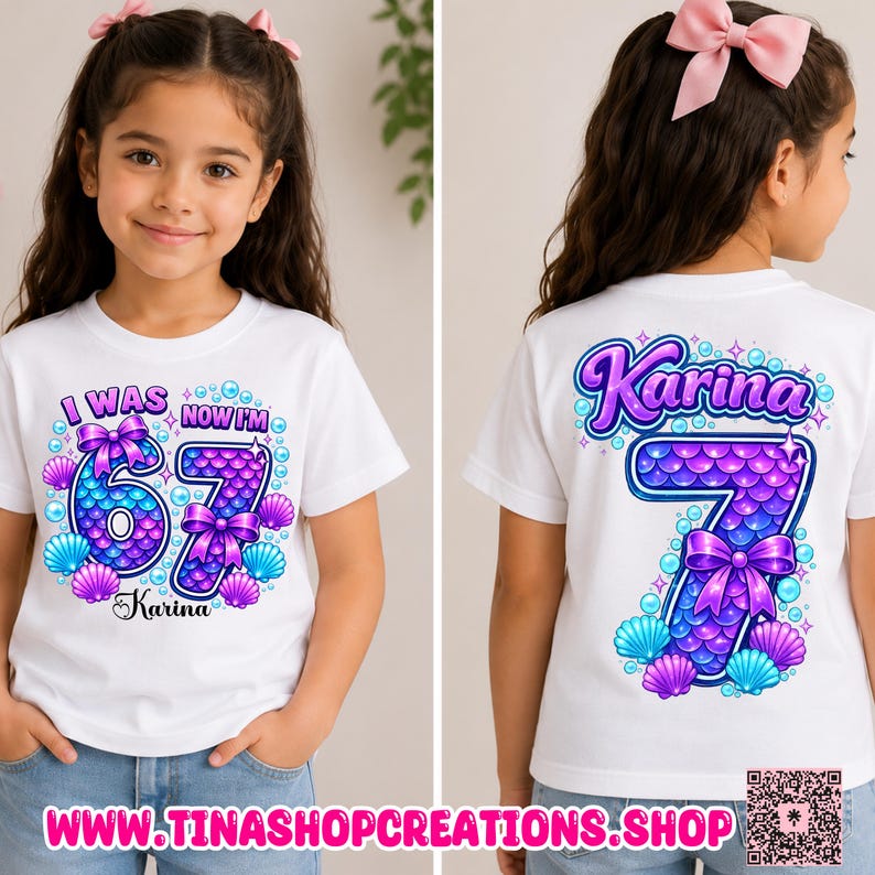 Personalized Mermaid 67 Birthday Shirt | Custom Girls Birthday T-Shirt | I Was 6 Now I'm 7 Mermaid Tee image 1