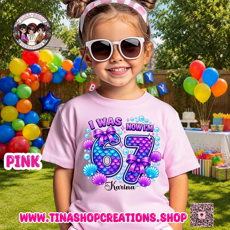 Personalized Mermaid 67 Birthday Shirt | Custom Girls Birthday T-Shirt | I Was 6 Now I'm 7 Mermaid Tee image 5