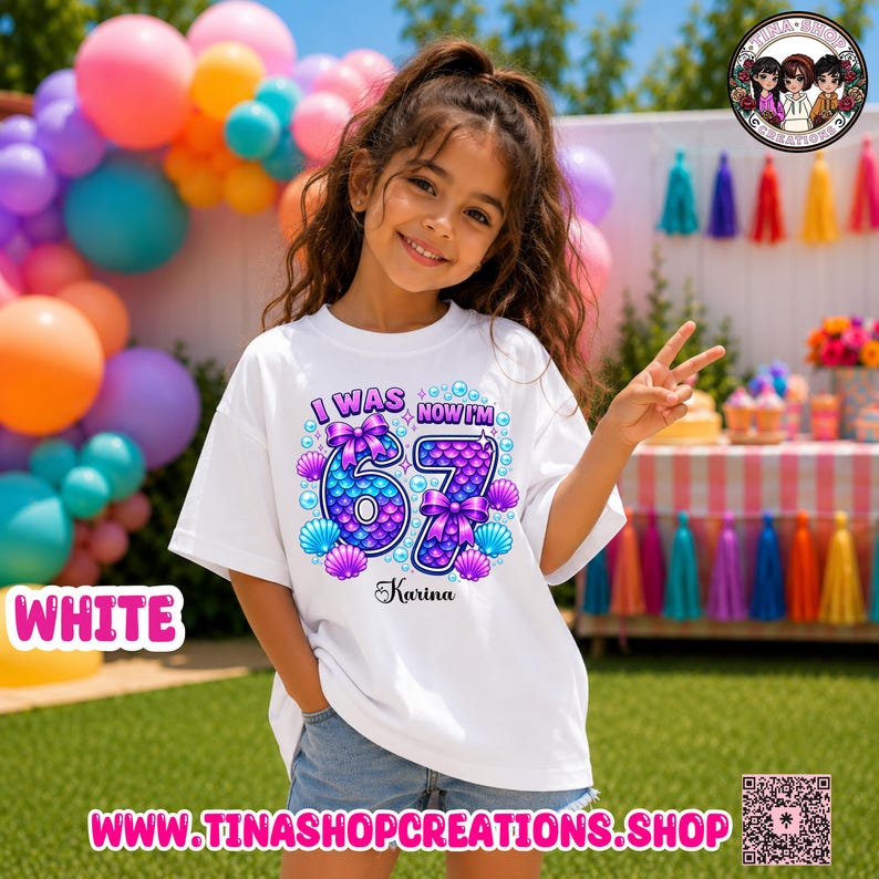 Personalized Mermaid 67 Birthday Shirt | Custom Girls Birthday T-Shirt | I Was 6 Now I'm 7 Mermaid Tee image 2