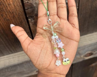 Pink and Green Frog Phone Charm: Kawaii Beaded Bag Accessory