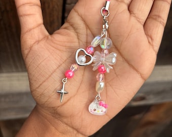 Pink Kitty Phone Charm: Kawaii Beaded Phone Bag Accessory