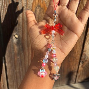 Kawaii My Melody Phone Charm: Pink Red Beaded Bag Accessory