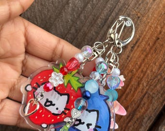 Kawaii Fruit Cat Charm Keychain Set – Strawberry & Blueberry Duo