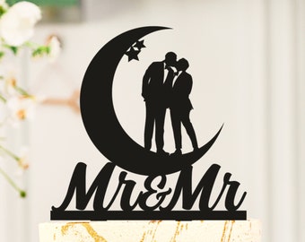 Gay Wedding Cake Topper, Gay silhouette, Star and Moon Wedding cake topper, Gay Wedding Under The Moon Cake Topper,crescent cake topper S070