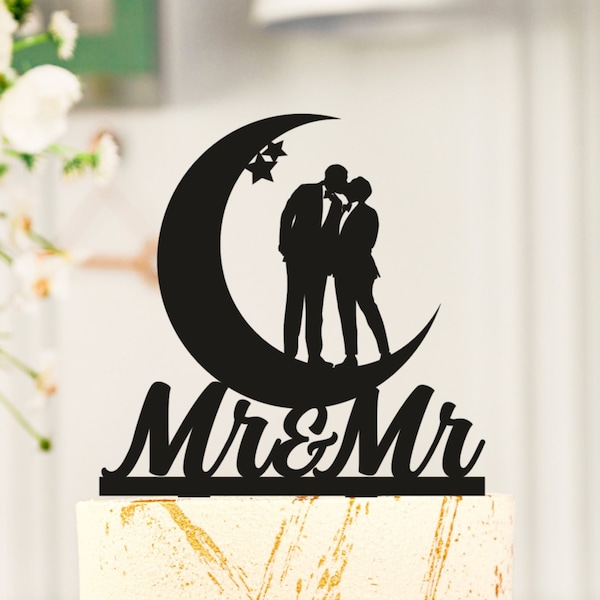 Gay Wedding Cake Topper, Gay silhouette, Star and Moon Wedding cake topper, Gay Wedding Under The Moon Cake Topper,crescent cake topper S070