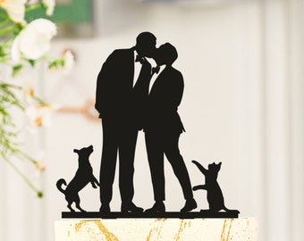 Gay Wedding Couple Cake Topper, Gay Cake Topper, Mr and Mr with Two Cats, Gay wedding decor, Gay with Cat and dog, Cat wedding topper S068