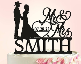 Cowboy wedding cake topper, Country & Western wedding cake topper, Wedding Cake Topper, Cake topper with date, Cowboy Family Cake Topper 103