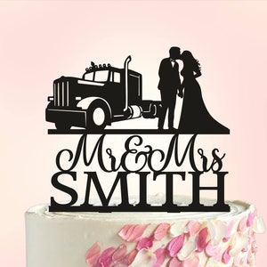 Topo de bolo de casamento de caminhoneiro, topo de bolo de casamento de motorista de caminhão, decoração de bolo de casamento, topo de bolo de casamento de Sr. e Sra., topo de bolo de motorista S095