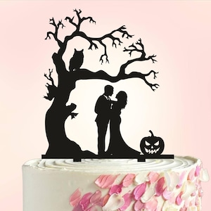 Topper na tort weselny na Halloween, Topper na tort dyniowy, Topper z nietoperzami i szkieletami, Spersonalizowany topper na tort gotycki, Topper na tort weselny jesienny S119