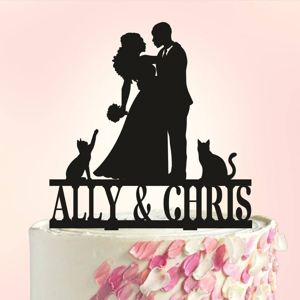 Afro Wedding Cake Topper, African American Cake Topper, Afro Couple Wedding Cake Topper, Cake Topper with name,Cat cake topper,two cats S007