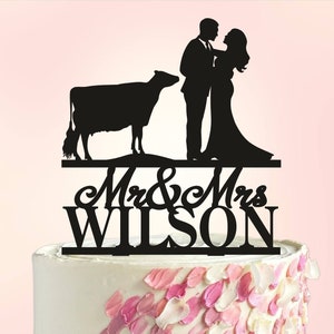 Farmer Wedding cake topper, Wedding Couple with cow, Ranch wedding cake topper, Country Wedding Cake Topper, Rustic Wedding cake topper S033