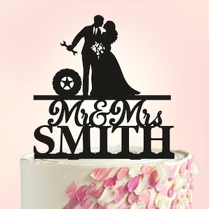Adorno para tarta de bodas de mecánico, adorno para tarta de bodas de mecánico de automóviles, adorno para tarta de pareja, adorno para tarta con herramientas de llave inglesa, adorno para tarta de mecánico de automóviles S022
