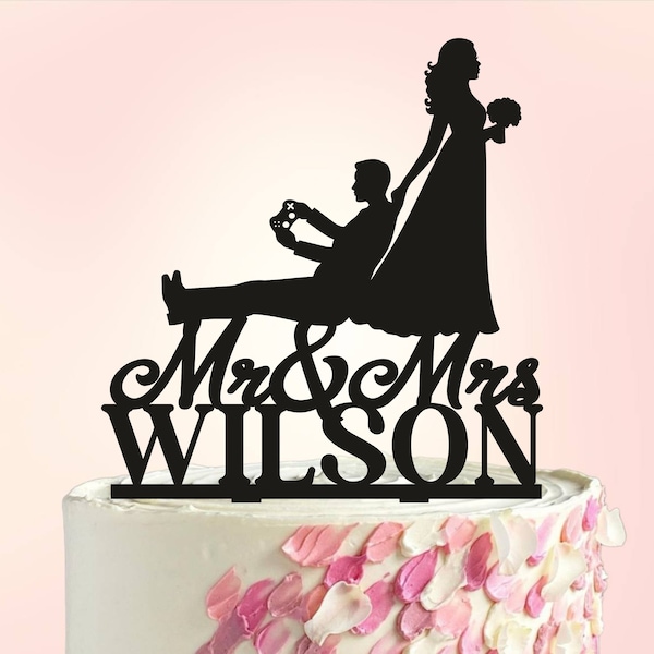 Gamer Wedding Cake Topper, Video Game Wedding Cake Topper, nerd geek love, bride pulling groom cake topper, Gaming Wedding Cake Topper S021