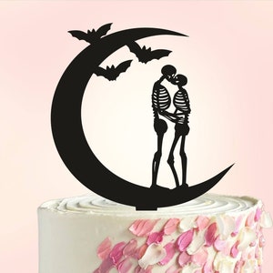 Topper na tort weselny z motywem szkieletu, topper na tort „Dopóki śmierć nas nie rozłączy”, topper na tort halloweenowy, topper na tort z nietoperzami księżycowymi, topper na tort z czaszką