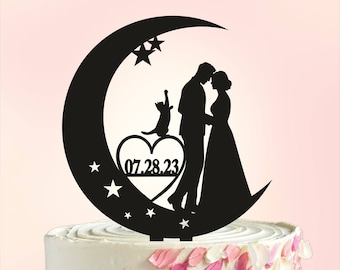 Moon And Stars Wedding Cake Topper, Bride And Groom On Moon, Moon Cake Topper, Kissing Cake Topper, To the Moon and Back cake topper S075