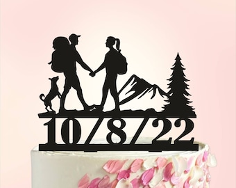 Hiking Wedding Cake Topper, Hiking Couple with dog Cake Topper, Our Adventure Begins Cake Topper, Adventure Awaits, Love at First Hike S053