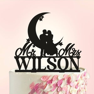 Moon and Stars Wedding Cake Topper, Bride and Groom Silhouette, Custom Cake Topper,Acrylic Cake Topper,To the Moon and Back cake topper S049