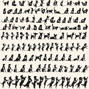 Peut inclure: Une collection d'images silhouettes noires de chats et de chiens dans diverses poses. Les images sont num&eacute;rot&eacute;es de 1 &agrave; 126, pr&eacute;sentant diff&eacute;rentes races et activit&eacute;s, parfaites pour les amoureux des animaux et les cr&eacute;ateurs.