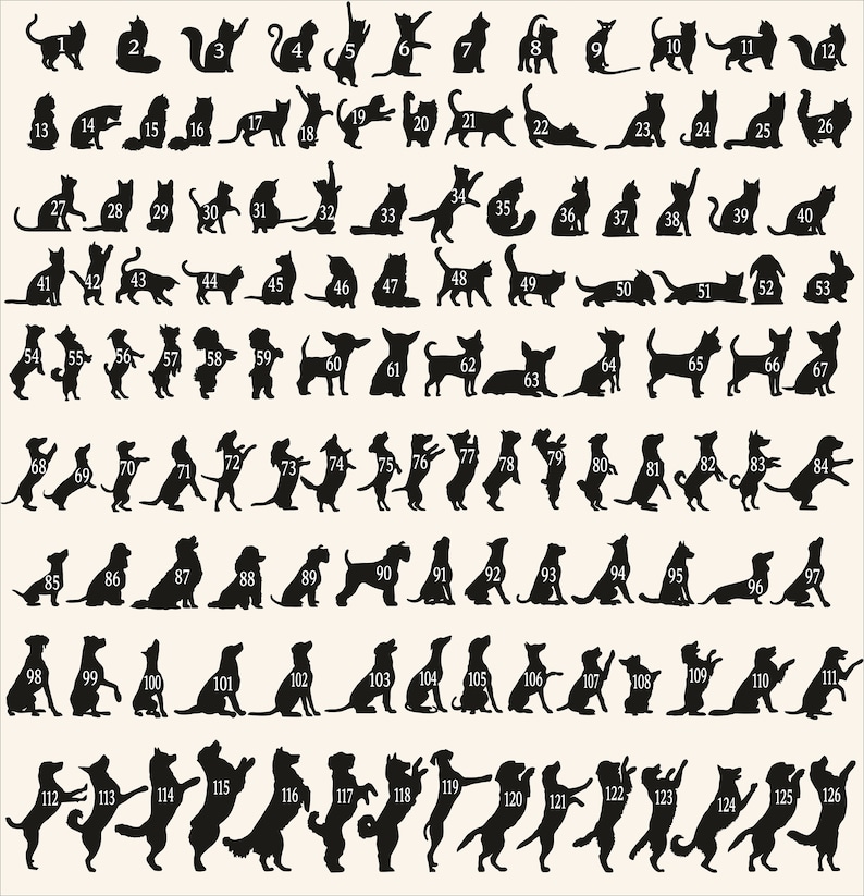 Peut inclure: Une collection d'images silhouettes noires de chats et de chiens dans diverses poses. Les images sont num&eacute;rot&eacute;es de 1 &agrave; 126, pr&eacute;sentant diff&eacute;rentes races et activit&eacute;s, parfaites pour les amoureux des animaux et les cr&eacute;ateurs.
