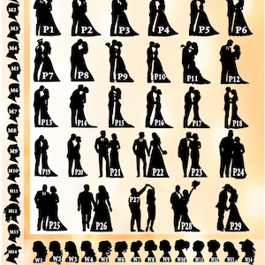 May include: A selection chart titled Forest Wedding Party Couple featuring black silhouettes of couples labeled P1 through P29, male profiles M1 through M14, and female hairstyles W1 through W14. Text includes You can request changes.