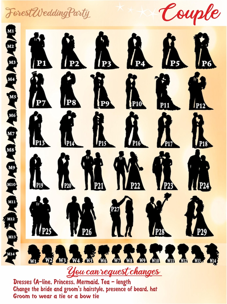 May include: A selection chart titled Forest Wedding Party Couple featuring black silhouettes of couples labeled P1 through P29, male profiles M1 through M14, and female hairstyles W1 through W14. Text includes You can request changes.