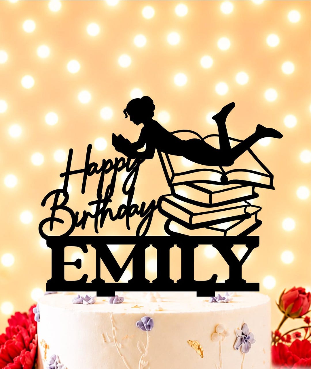 Girl Reading Book Cake Topper, Bookworm Birthday Cake Topper, Reading ...