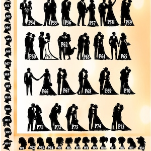 May include: A chart displaying black silhouettes of wedding couples labeled P54 through P75, with a column of male hairstyles M1-M14 and a row of female hairstyles W1-W14. Text includes ForestWeddingParty, Couple, and You can request changes.