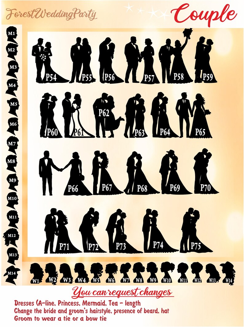 May include: A chart displaying black silhouettes of wedding couples labeled P54 through P75, with a column of male hairstyles M1-M14 and a row of female hairstyles W1-W14. Text includes ForestWeddingParty, Couple, and You can request changes.