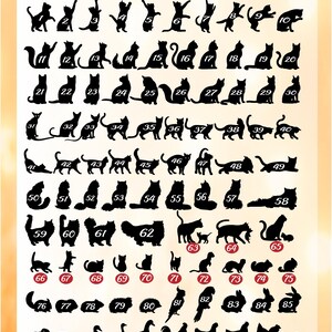 May include: A collection of black silhouettes featuring various animals including cats, birds, rabbits, and reptiles, each labeled with a number from 1 to 100. The text ForestWeddingParty and Pets appears at the top with red paw print accents.