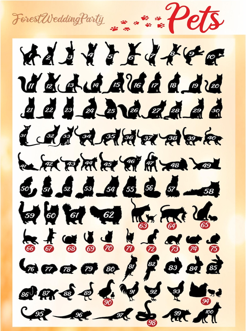 May include: A collection of black silhouettes featuring various animals including cats, birds, rabbits, and reptiles, each labeled with a number from 1 to 100. The text ForestWeddingParty and Pets appears at the top with red paw print accents.