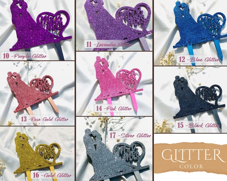 May include: A collection of cake toppers featuring a silhouette of a couple embracing next to a heart shape with the text Mr & Mrs. The toppers are available in purple, lavender, blue, rose gold, pink, black, gold, and silver glitter finishes.