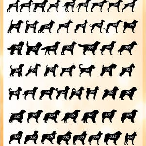 May include: A chart titled ForestWeddingParty Pets featuring black silhouettes of various dog breeds arranged in rows. Each silhouette is numbered from 283 to 343, showcasing diverse canine shapes, tail positions, and ear styles on a light background.