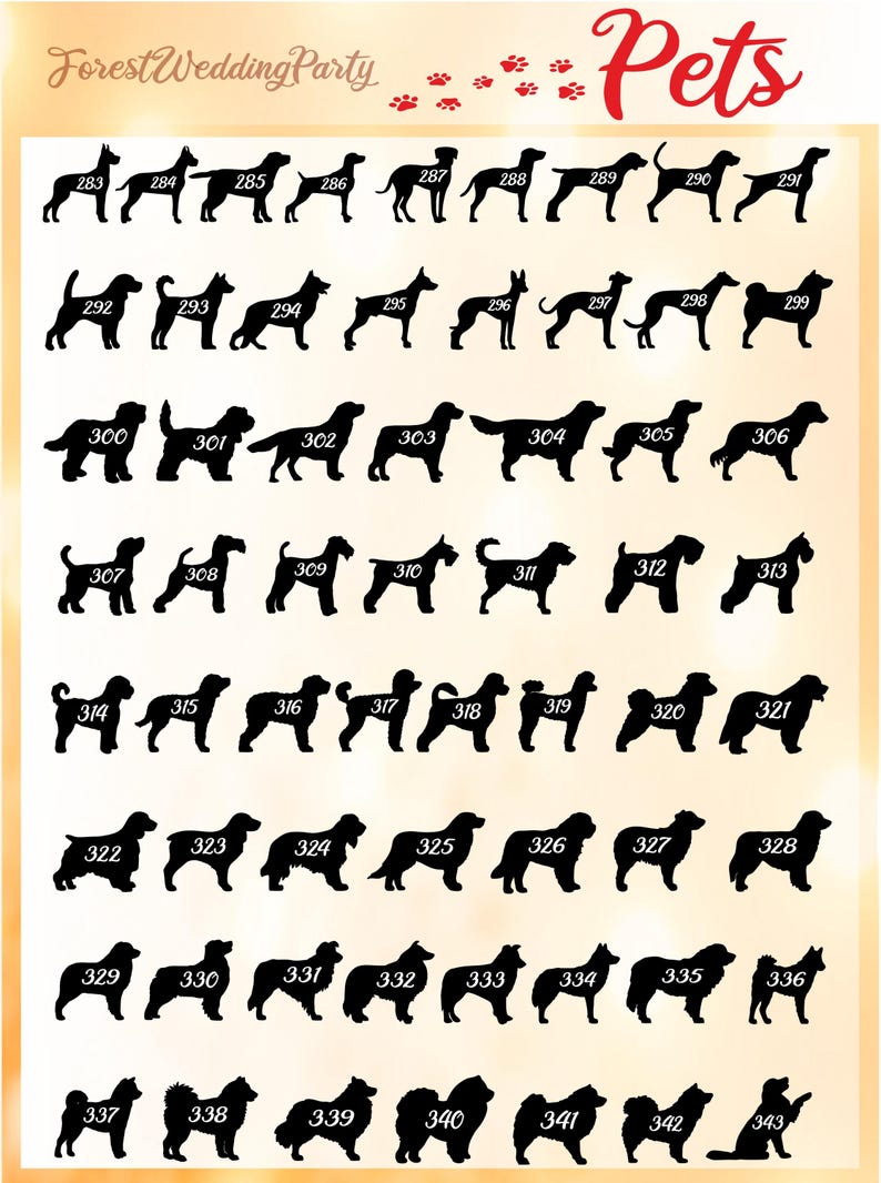 May include: A chart titled ForestWeddingParty Pets featuring black silhouettes of various dog breeds arranged in rows. Each silhouette is numbered from 283 to 343, showcasing diverse canine shapes, tail positions, and ear styles on a light background.