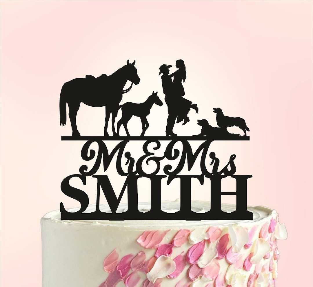 Wedding Cake Topper With Horse and Dogs, Cowboy Wedding Cake Topper